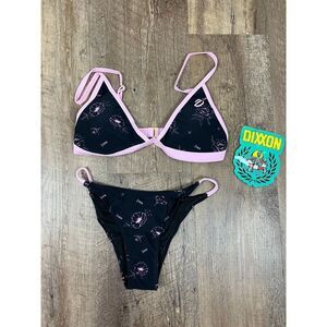 Dixxon Flannel Co Pink Peonies Bikini Swimsuit Black Pink Women's M NWT